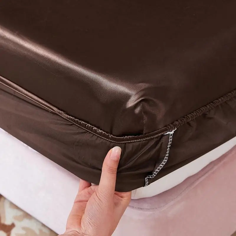 Washable Luxury Satin Elastic Fitted Sheet For Double Bed Brown NALANI