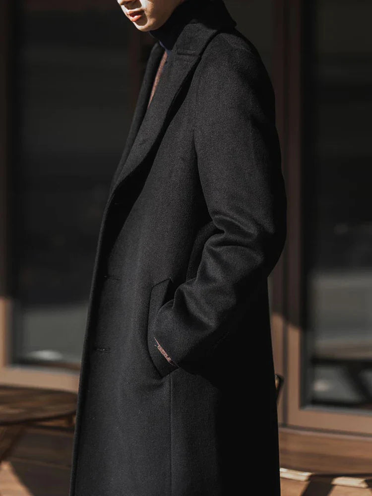 Long Warm Black Trench Coat For Men Wool Blend Winter Ready-Zomer Jassen-NaLani