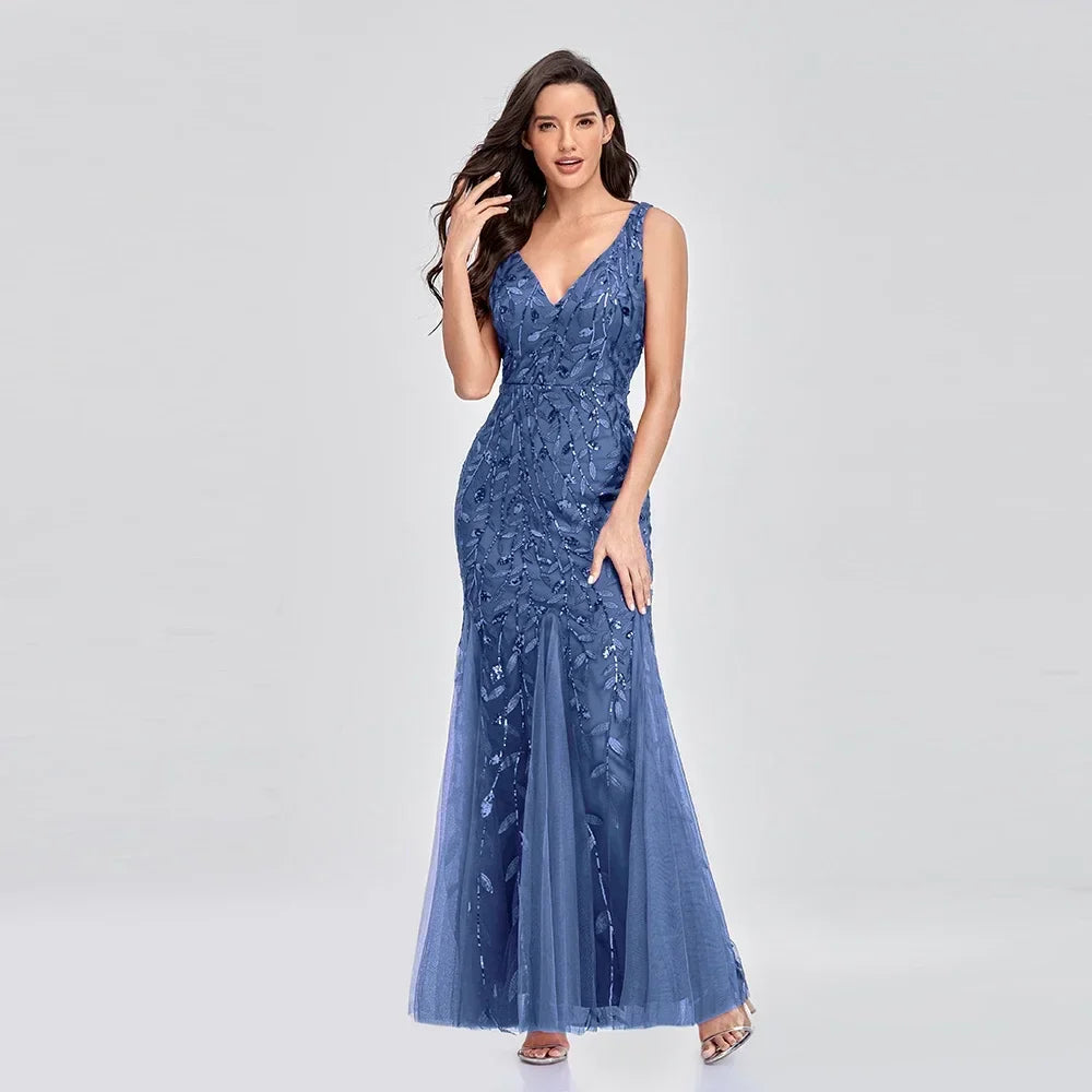 Women's Maxi Prom Gown Dress - Sleeveless V-Neck - Sequin Embellished - Floor-Length Elegant Fit