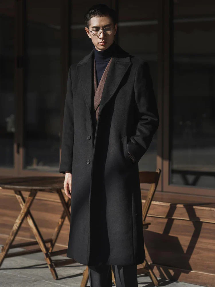 Long Warm Black Trench Coat For Men Wool Blend Winter Ready-Zomer Jassen-NaLani