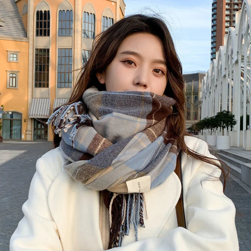 Winter Chic Scarf Thick Acrylic Cotton Checkered Pattern Blue NALANI