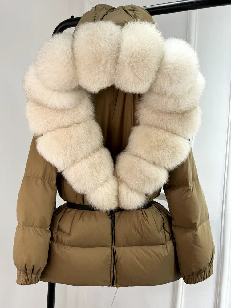 Winter Puffer Jacket With Fur Hood For Women Deluxe Beige White NALANI