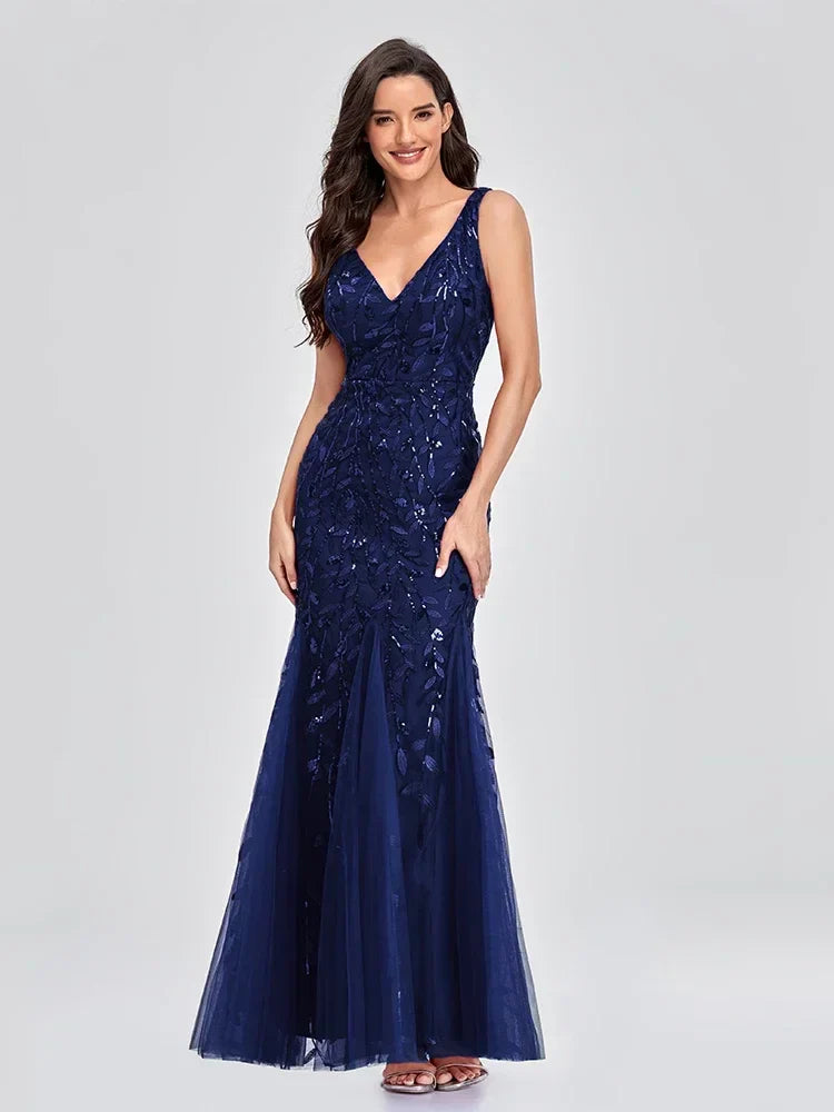 Women's Maxi Prom Gown Dress - Sleeveless V-Neck - Sequin Embellished - Floor-Length Elegant Fit