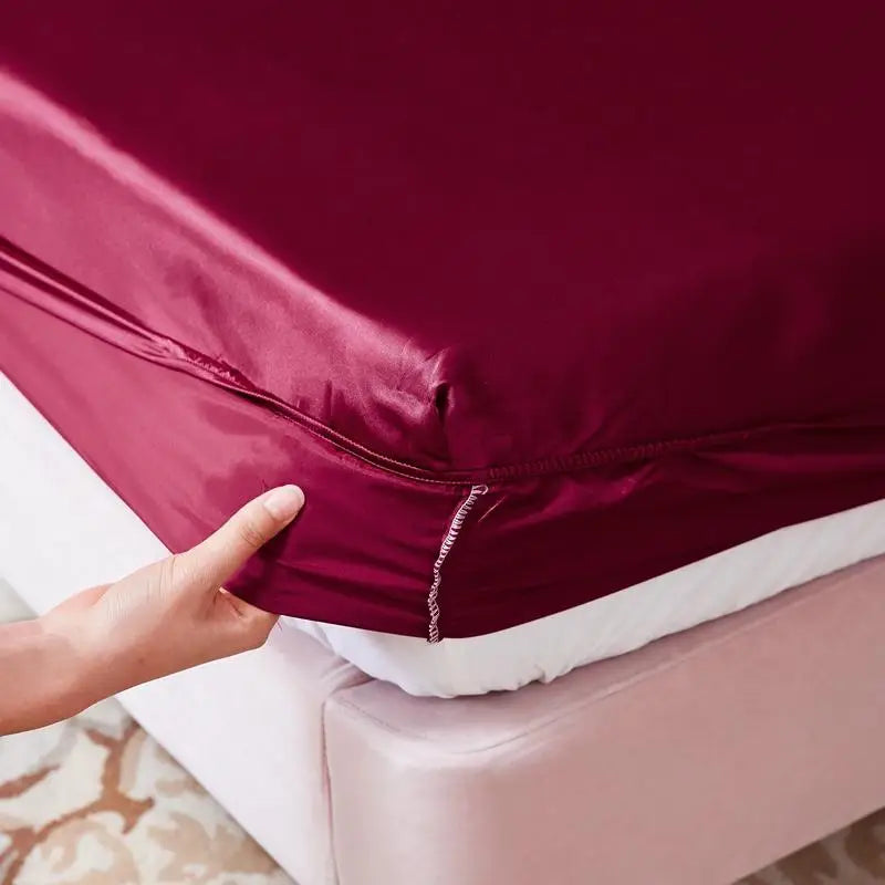Washable Luxury Satin Elastic Fitted Sheet For Double Bed Red NALANI