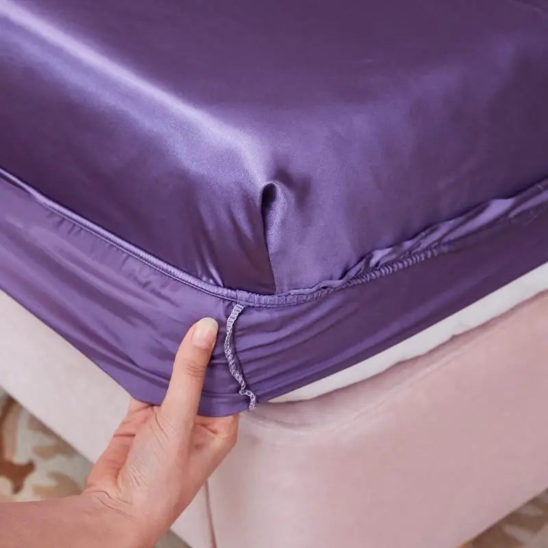 Washable Luxury Satin Elastic Fitted Sheet For Double Bed Purple NALANI