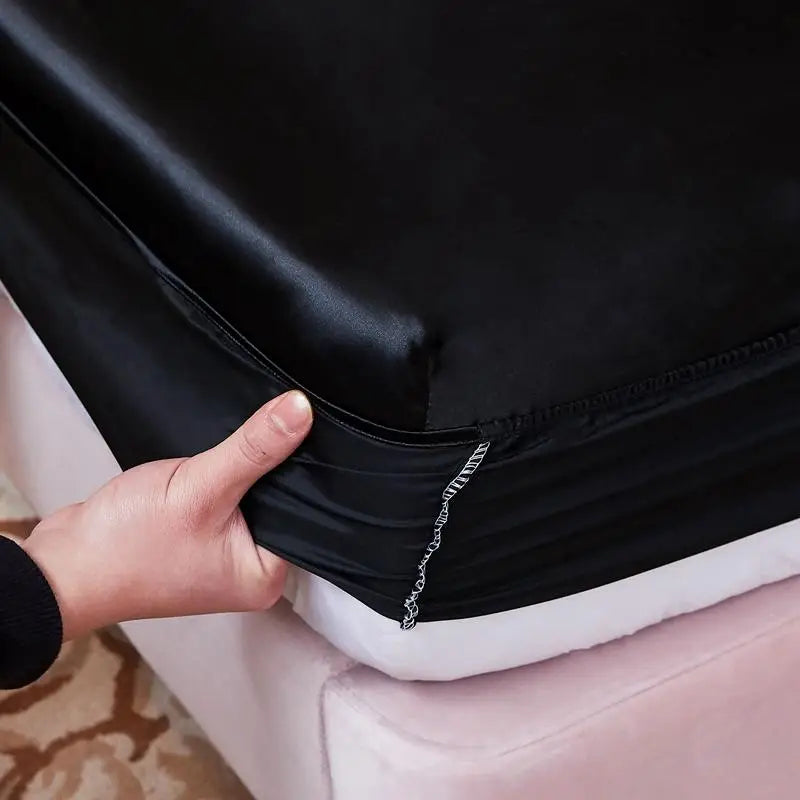 Washable Luxury Satin Elastic Fitted Sheet For Double Bed Black NALANI