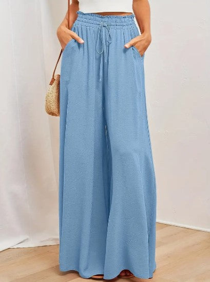 Nalani | Women's Palazzo Trousers - High Waist - Wide Leg - Elastic Drawstring - Full Length