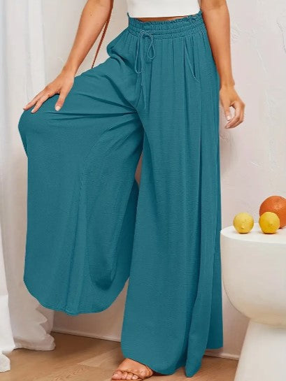Nalani | Women's Palazzo Trousers - High Waist - Wide Leg - Elastic Drawstring - Full Length