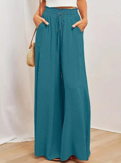 Nalani | Women's Palazzo Trousers - High Waist - Wide Leg - Elastic Drawstring - Full Length