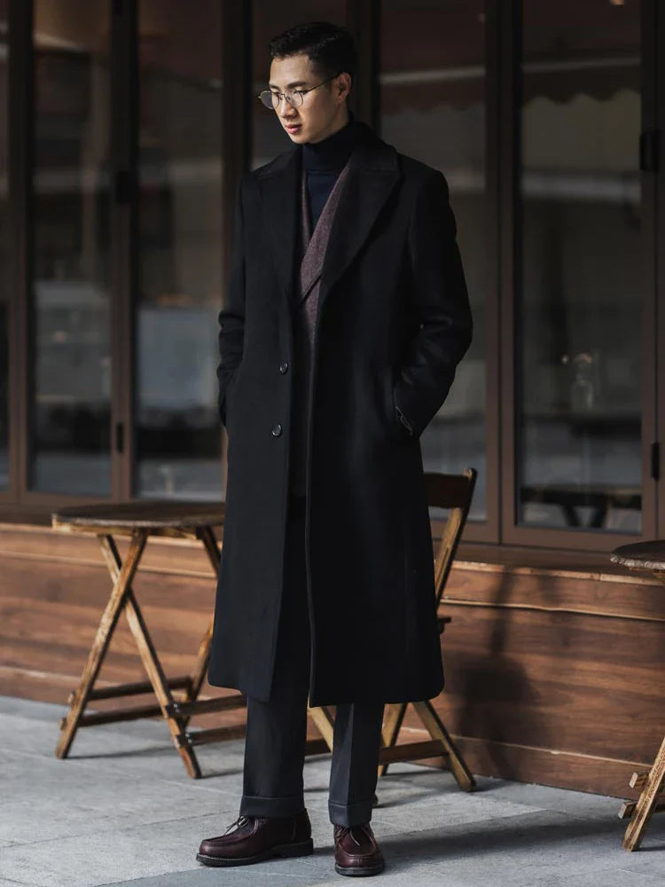 Long Warm Black Trench Coat For Men Wool Blend Winter Ready-Zomer Jassen-NaLani