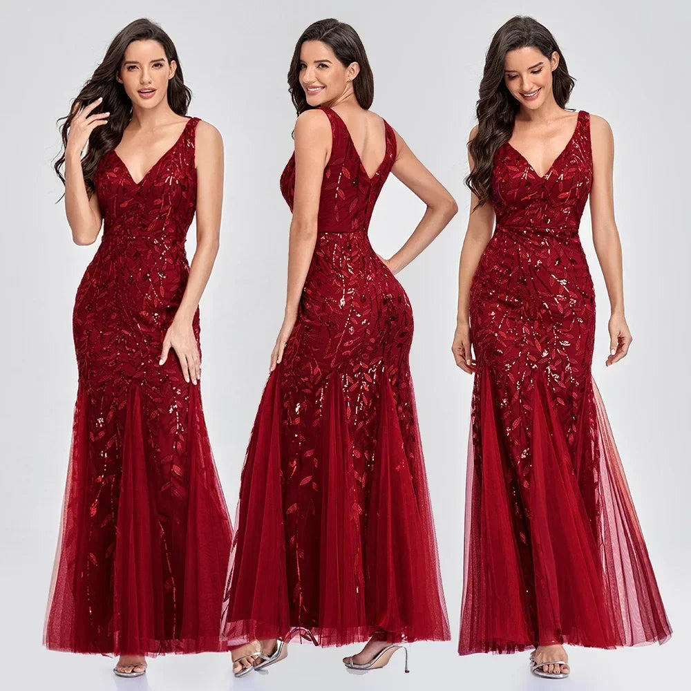 Women's Maxi Prom Gown Dress - Sleeveless V-Neck - Sequin Embellished - Floor-Length Elegant Fit