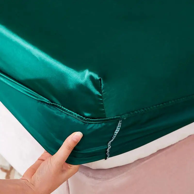 Washable Luxury Satin Elastic Fitted Sheet For Double Bed Green NALANI