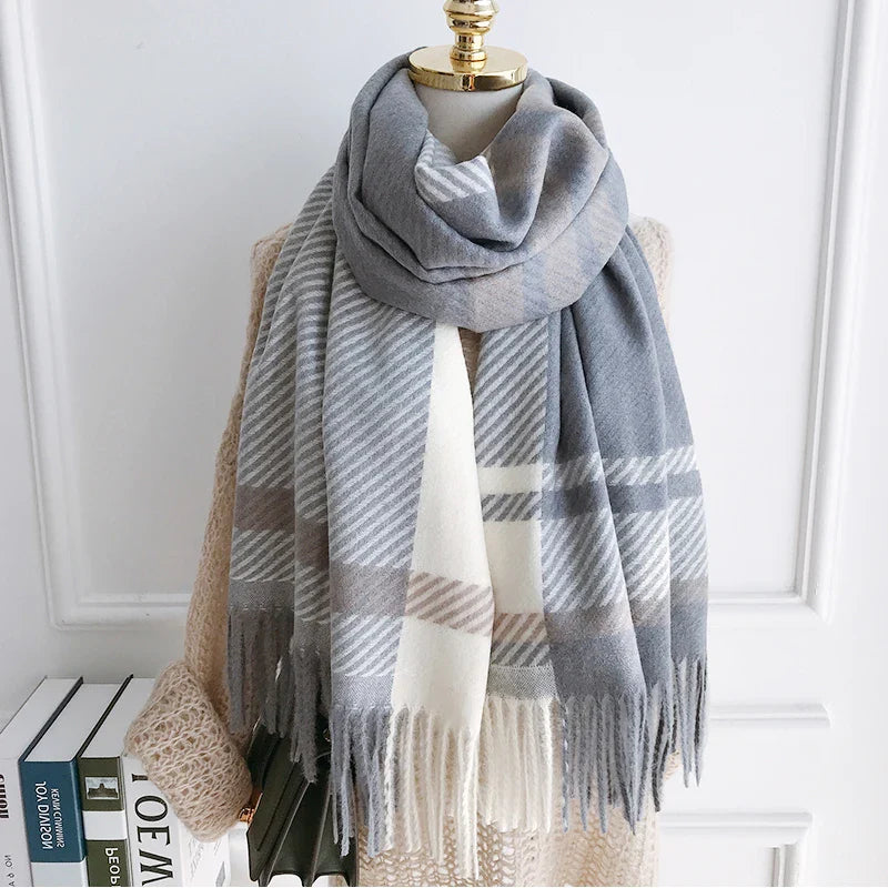 Chic Winter Scarf With Vintage Plaid Pattern For Women Gray NALANI