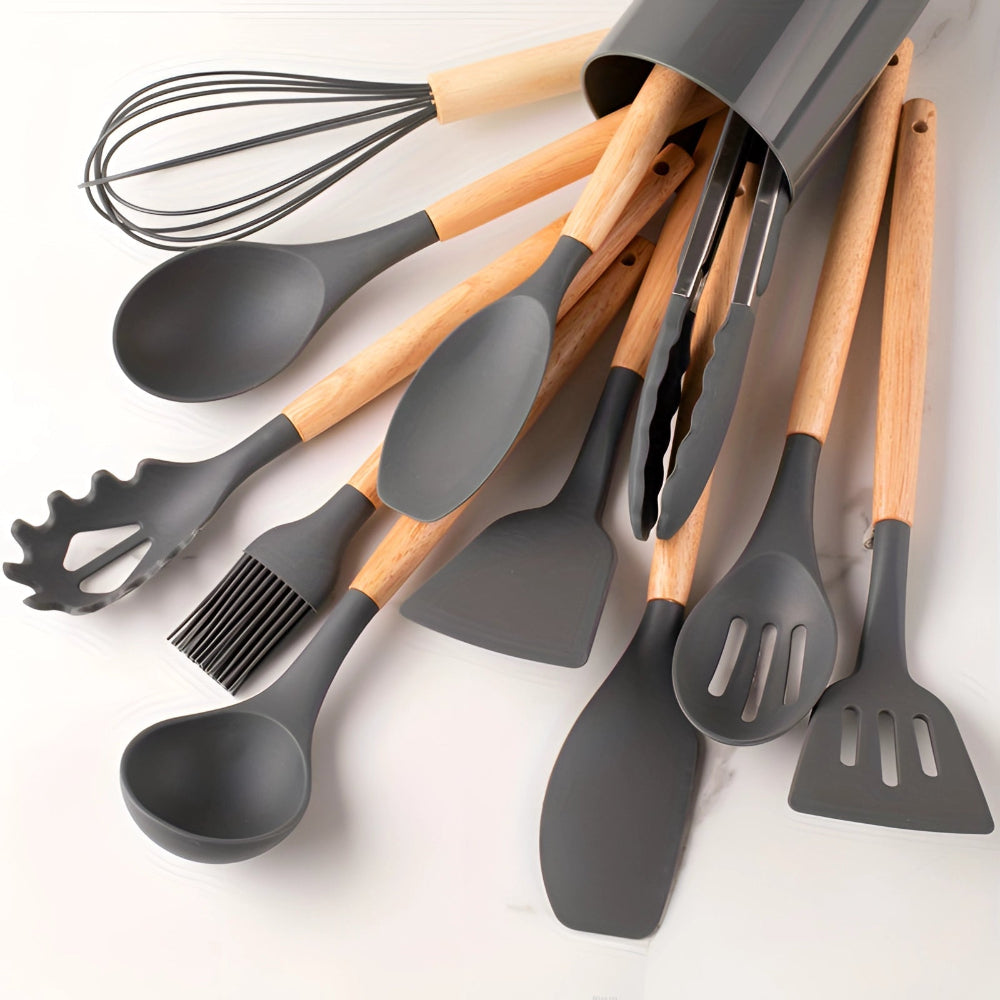 Bamboo Handle Silicone Kitchen Utensil Set 12 Piece dark gray NALANI