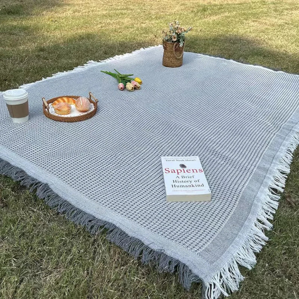 Boho Picnic Blanket With Tassels For Outdoor Picnics Gray NALANI
