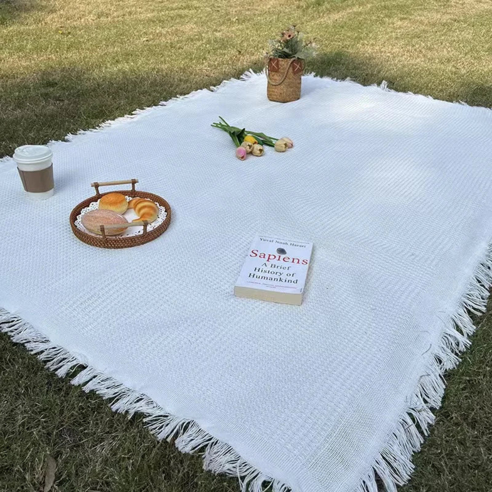 Boho Picnic Blanket With Tassels For Outdoor Picnics White NALANI