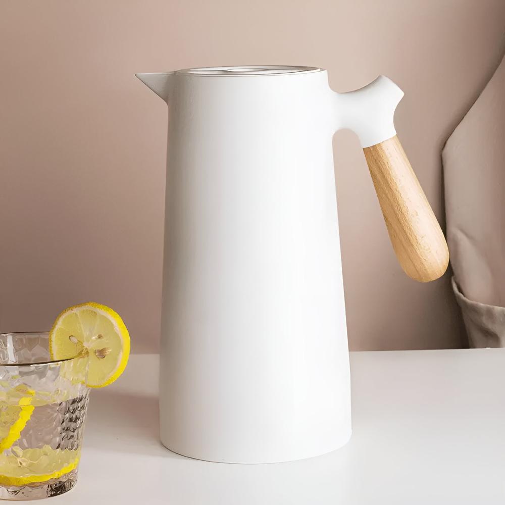 Insulated Carafe With Wood Handle Keeps Beverages Hot Pearl white NALANI