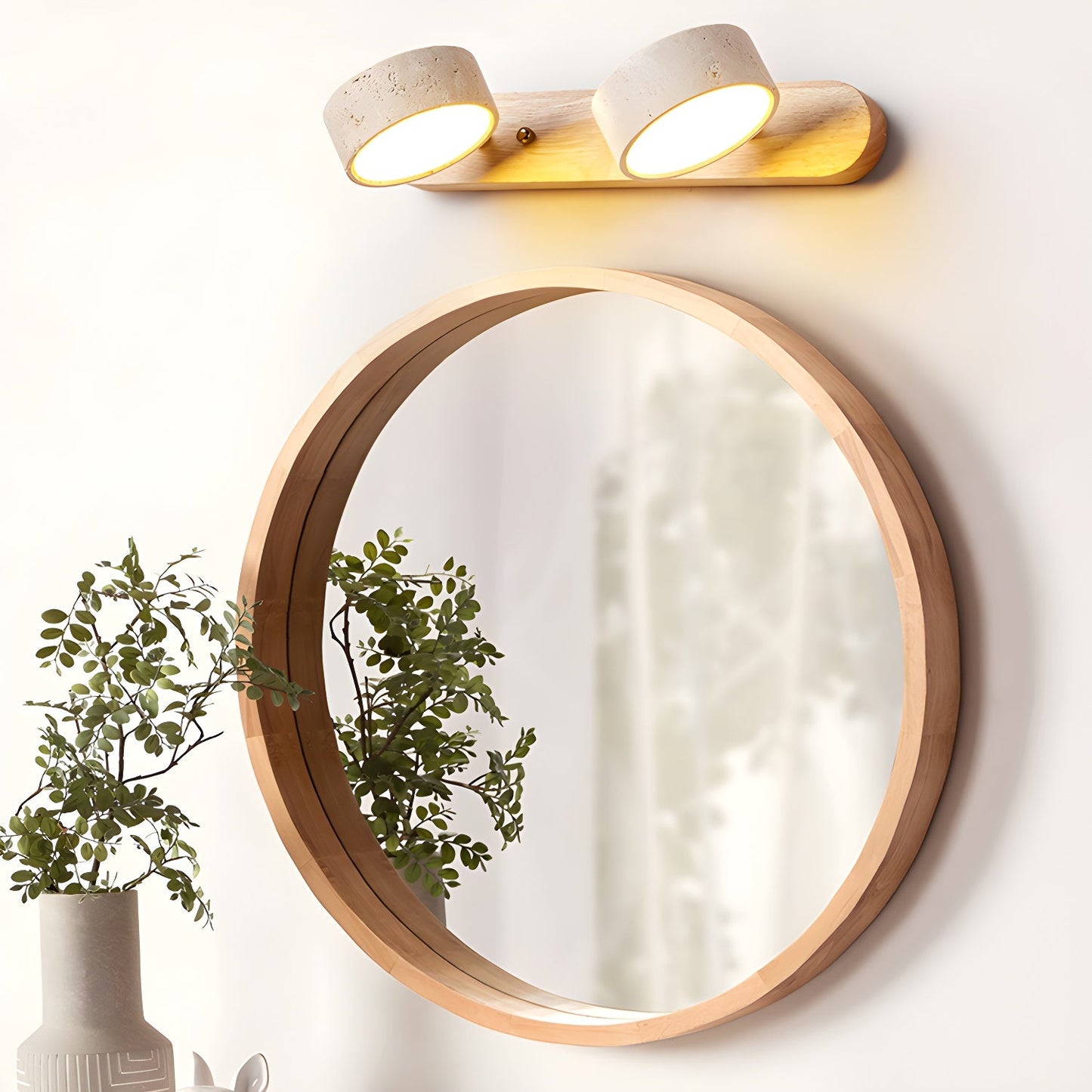 Travertine Duo Wall Light With Wood Accents Warm Glow NALANI