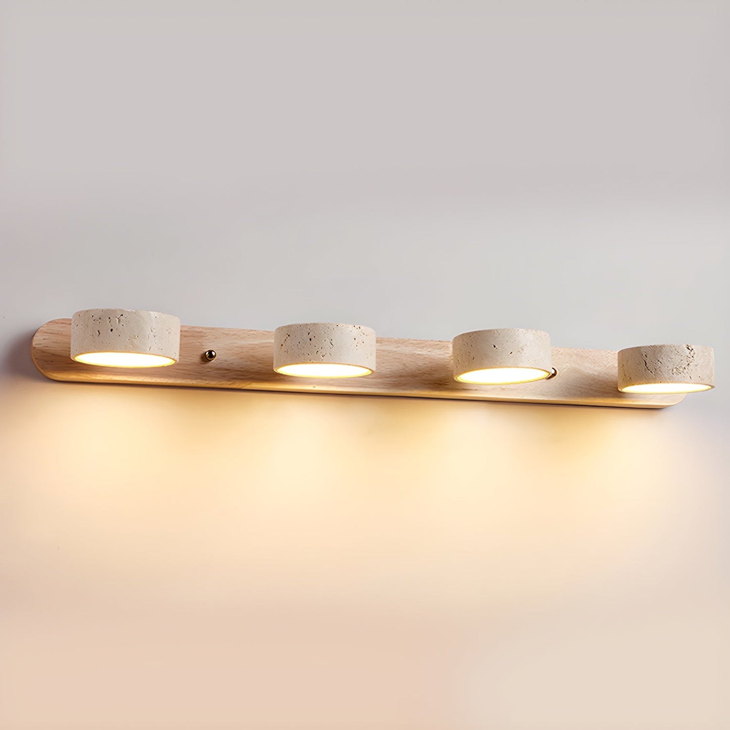 Travertine Duo Wall Light With Wood Accents Warm Glow 4-Lights: ∅ 27.6″ x H 2.4″ Wood Color NALANI