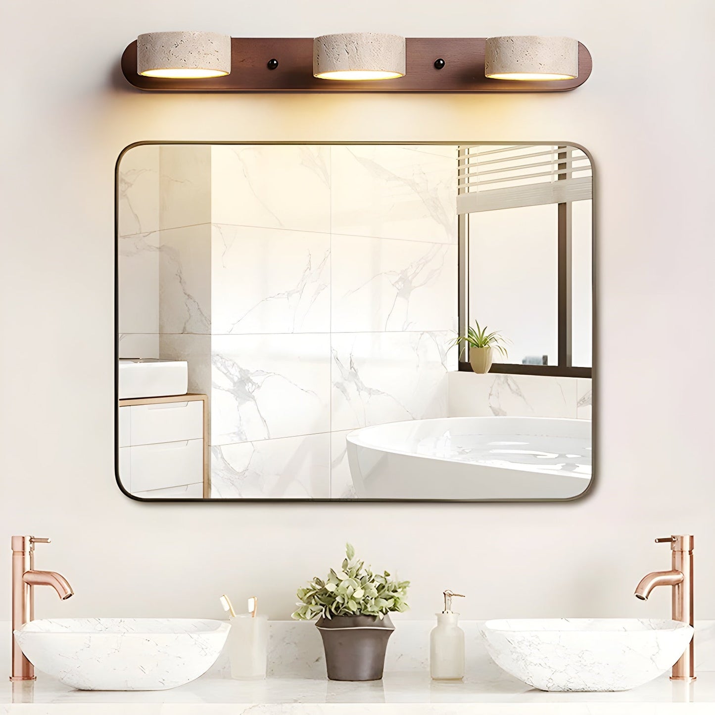 Travertine Duo Wall Light With Wood Accents Warm Glow NALANI