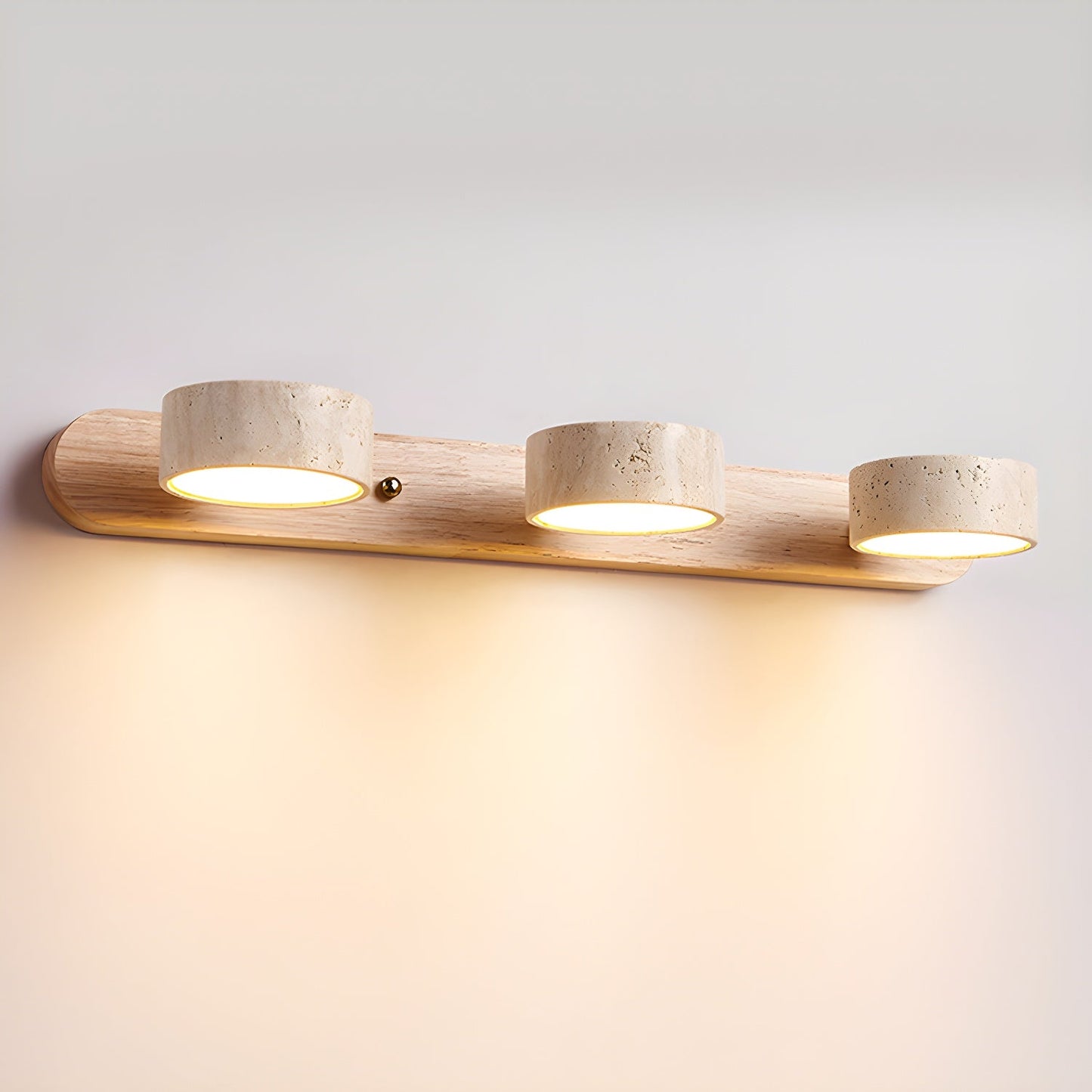Travertine Duo Wall Light With Wood Accents Warm Glow 3-Lights: ∅ 20.1″ x H 2.4″ Wood Color NALANI