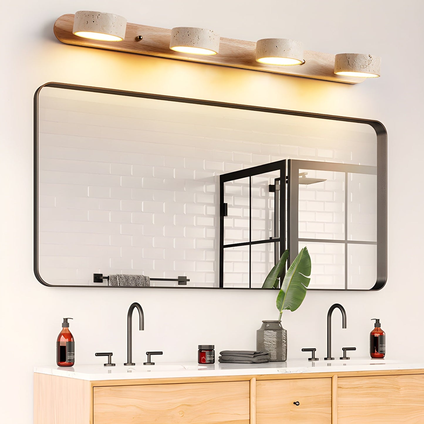 Travertine Duo Wall Light With Wood Accents Warm Glow NALANI