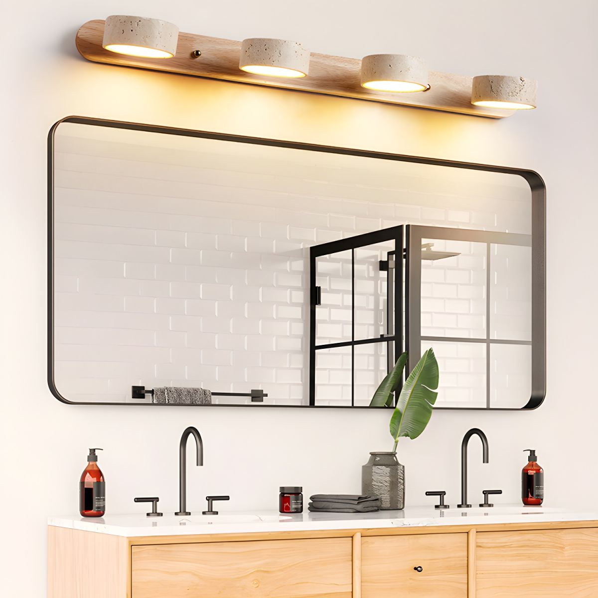 Travertine Duo Wall Light With Wood Accents Warm Glow NALANI