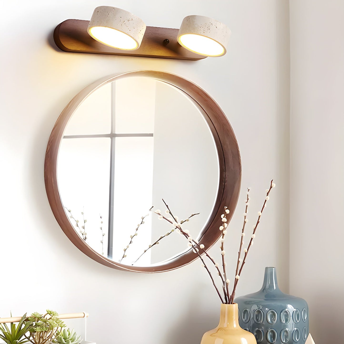 Travertine Duo Wall Light With Wood Accents Warm Glow NALANI
