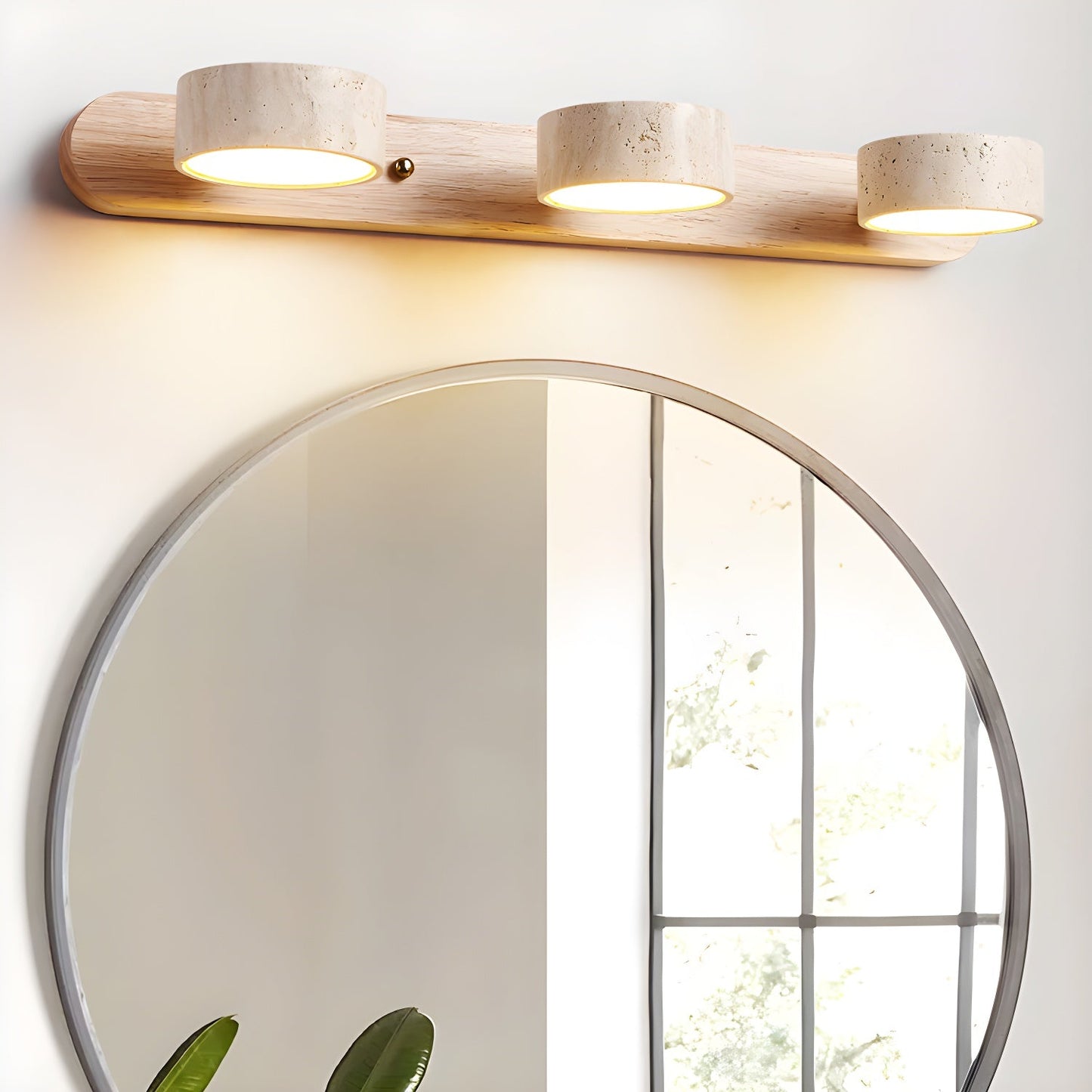 Travertine Duo Wall Light With Wood Accents Warm Glow NALANI
