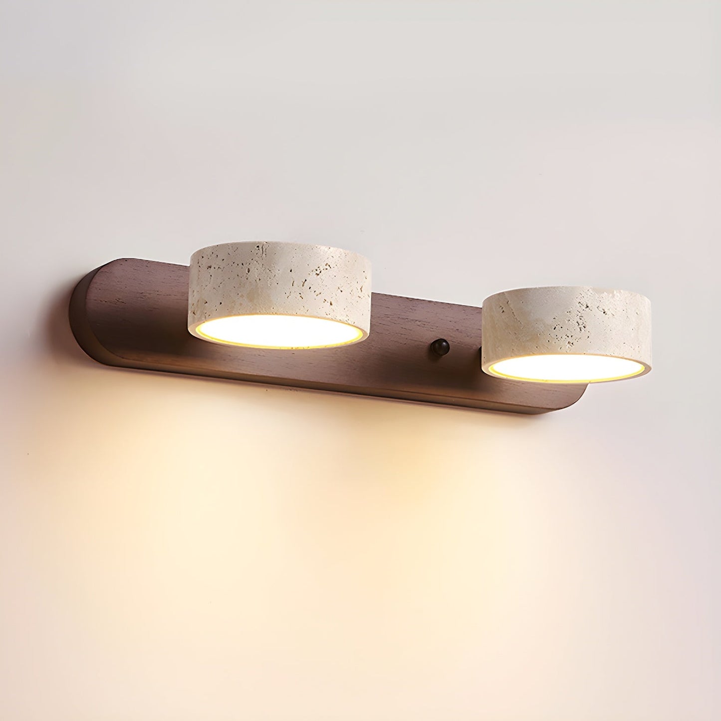 Travertine Duo Wall Light With Wood Accents Warm Glow 2-Lights: ∅ 12.6″ x H 2.4″ Walnut Color NALANI
