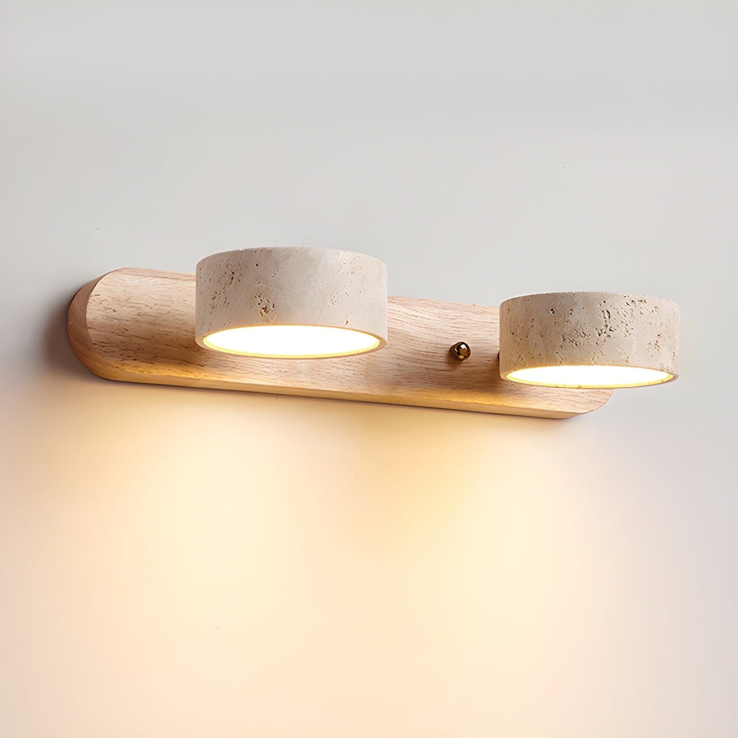 Travertine Duo Wall Light With Wood Accents Warm Glow 2-Lights: ∅ 12.6″ x H 2.4″ Wood Color NALANI