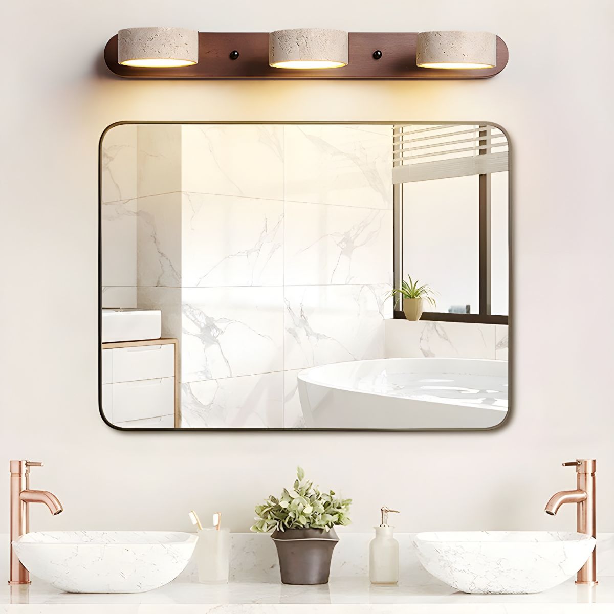 Travertine Duo Wall Light With Wood Accents Warm Glow NALANI
