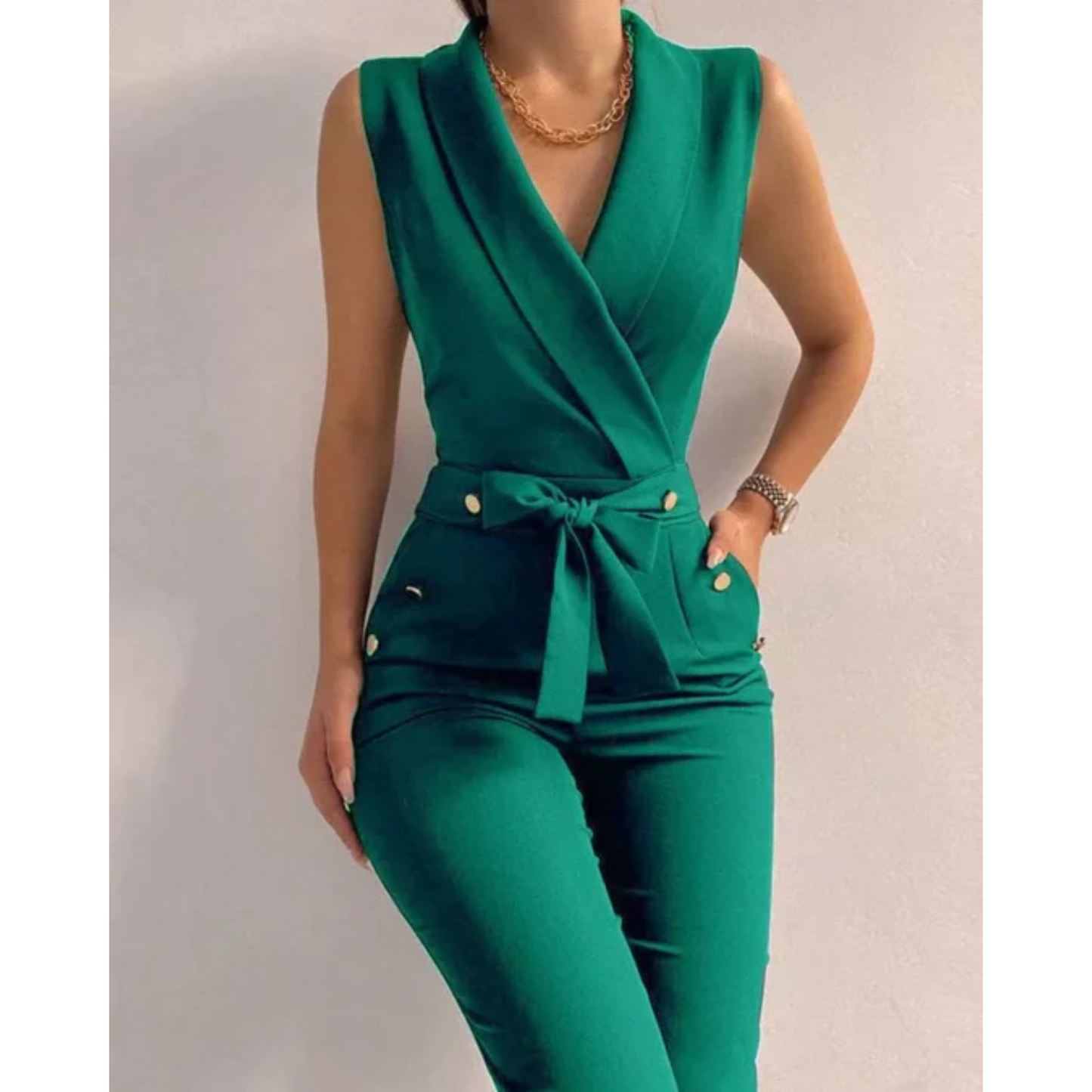 Sleeveless Formal Jumpsuit With V Neck And Lace Up Back