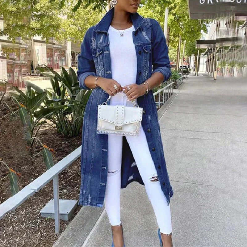 Nalani Women’s Trench Coat – Denim – Relaxed Fit – Distressed – Full Length – Button Front