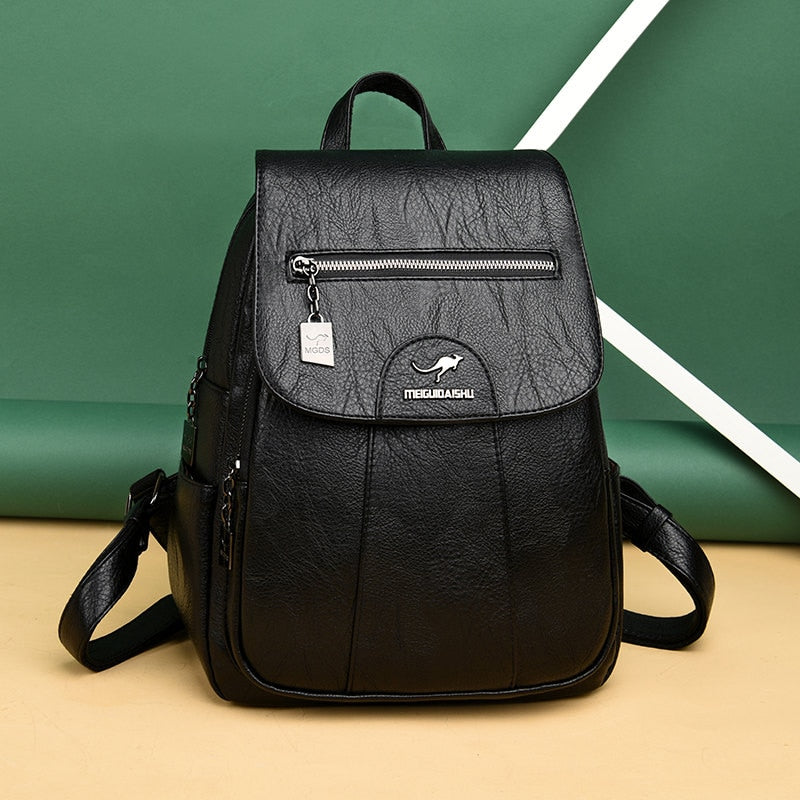 Leather Women Backpack Durable Elegant Daypack For Travel Black NALANI