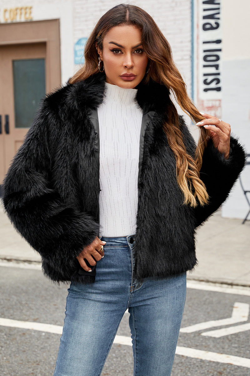 Elegant Faux Fur Trim Winter Coat Warm Stylish For Women Black NALANI