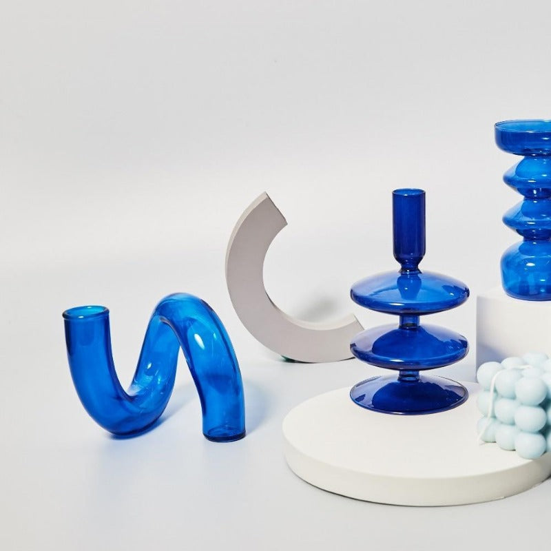 Blue Glass Taper Candle Holder and Vase Collection for Home Decor NaLani