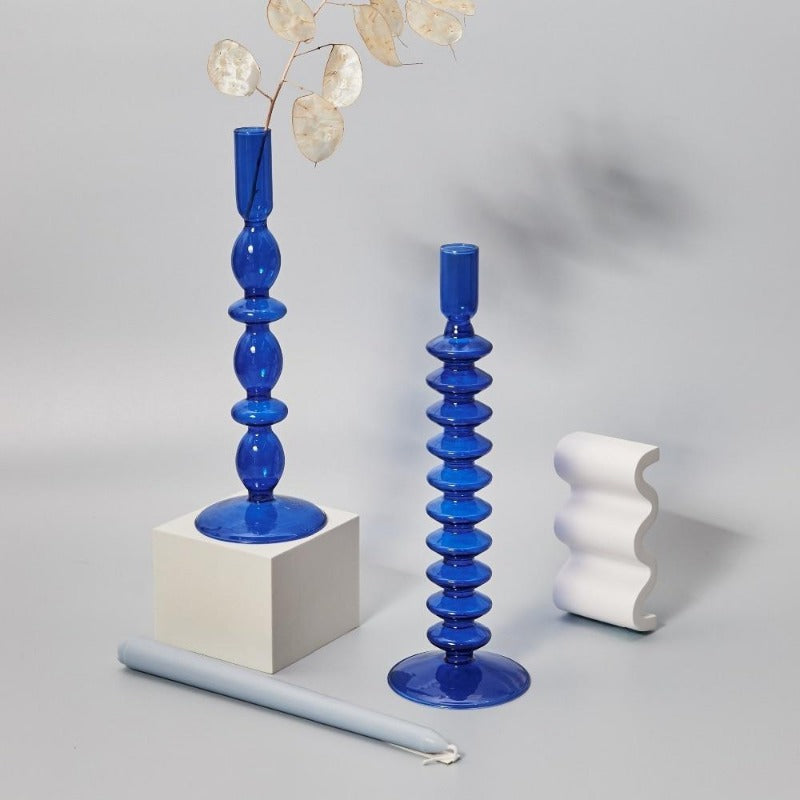 Blue Glass Taper Candle Holder and Vase Collection for Home Decor NaLani