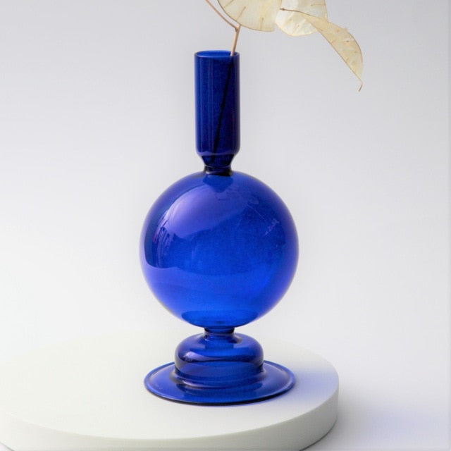 Blue Glass Taper Candle Holder and Vase Collection for Home Decor Blue Orb NaLani