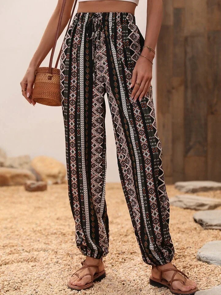 Ovara | Women's Harem Trousers - Bohemian Elephant Print - Loose Fit - Elastic Waist & Cuffs