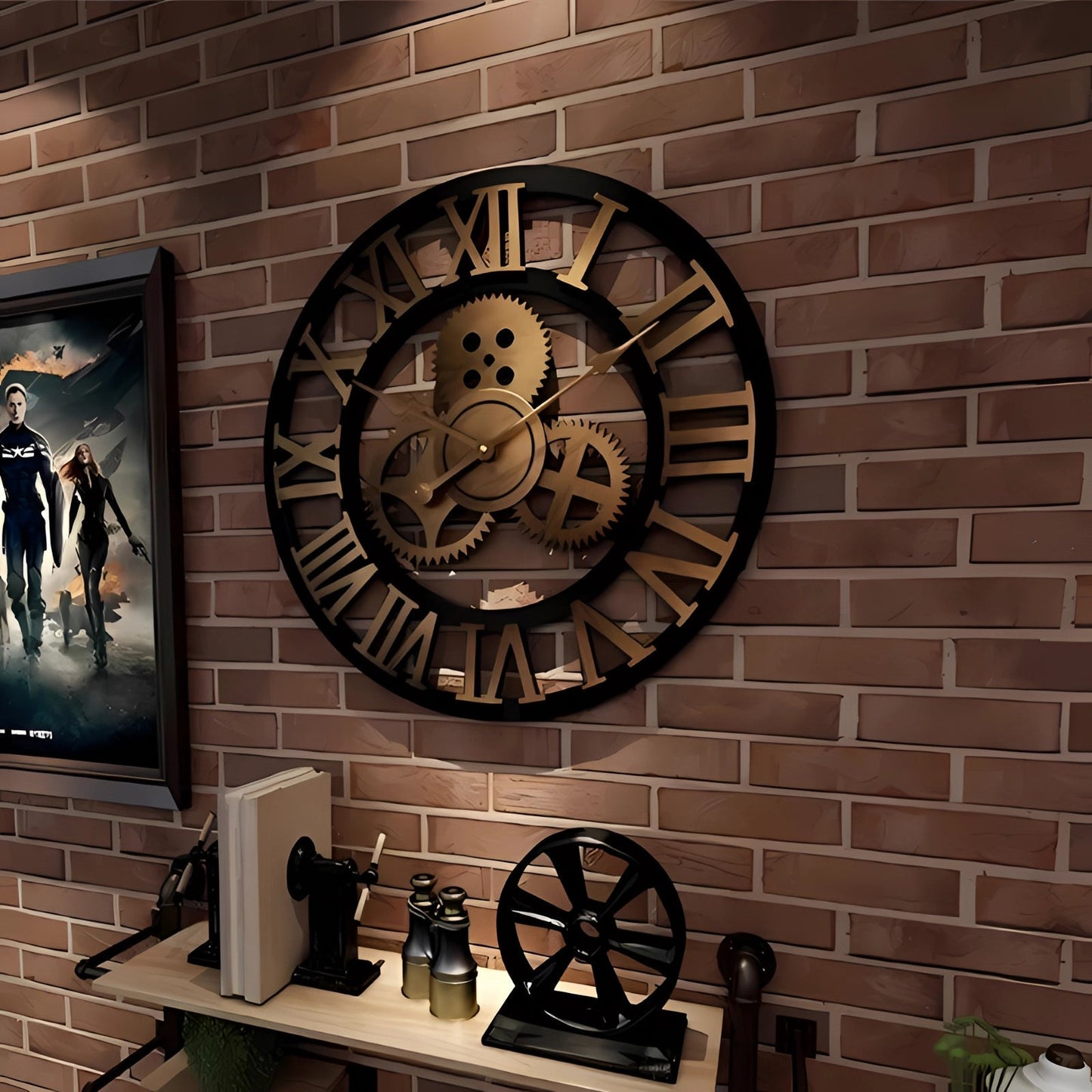 Clovian | Oversized Roman Numeral Industrial Wall Clock Black Metal Steampunk Gold NALANI