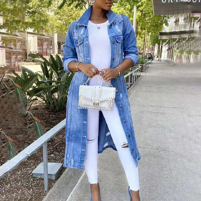 Nalani Women’s Trench Coat – Denim – Relaxed Fit – Distressed – Full Length – Button Front