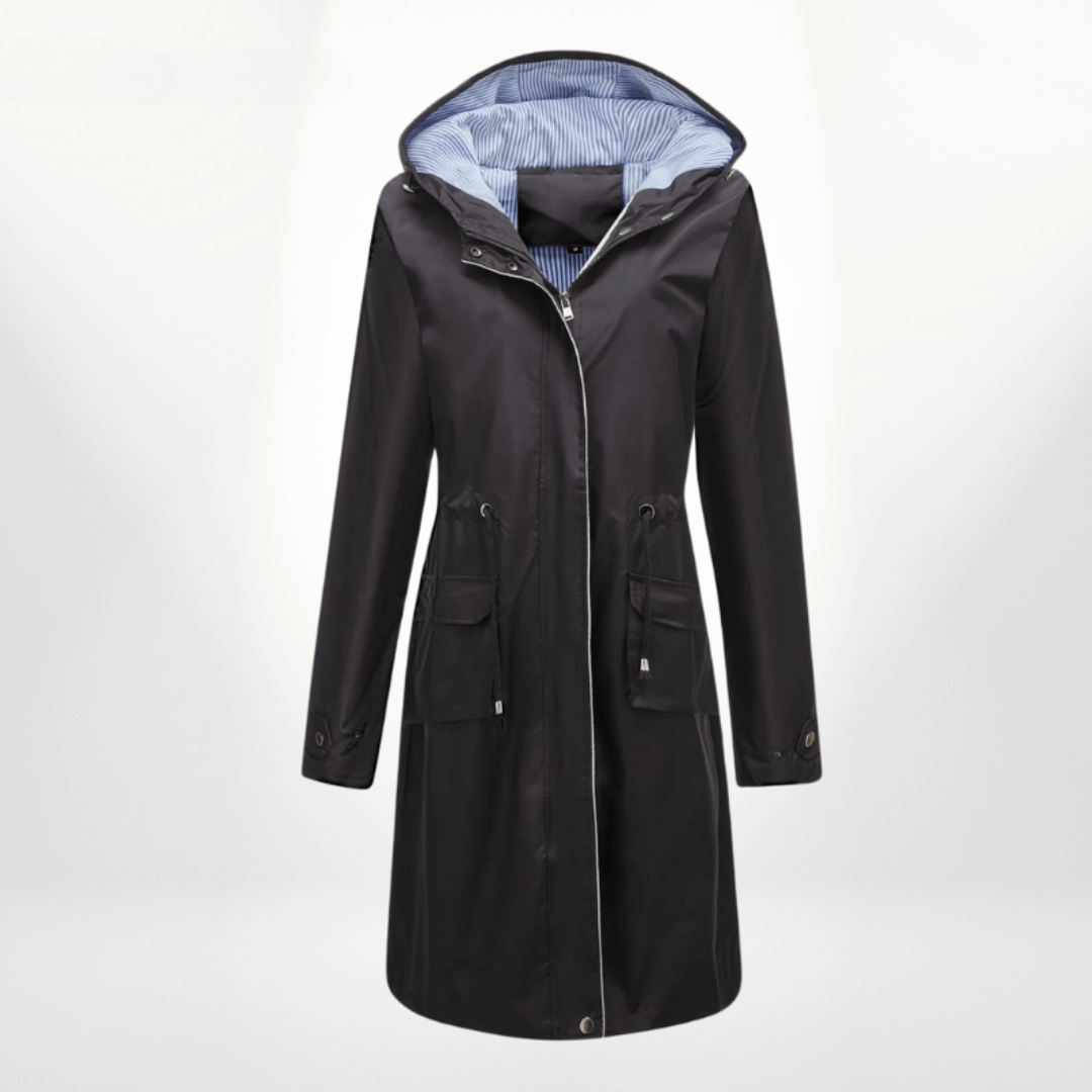 Nalani Women’s Trench Coat – Waterproof Over-Knee – Hooded – Adjustable Waist – Flap Pockets