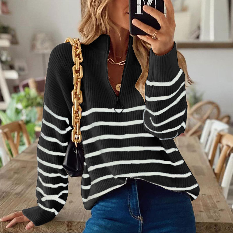 Sandré | Women’s Sweatshirt – Relaxed Fit – Ribbed Knit – Half Zip – Striped Pattern – Hip Length