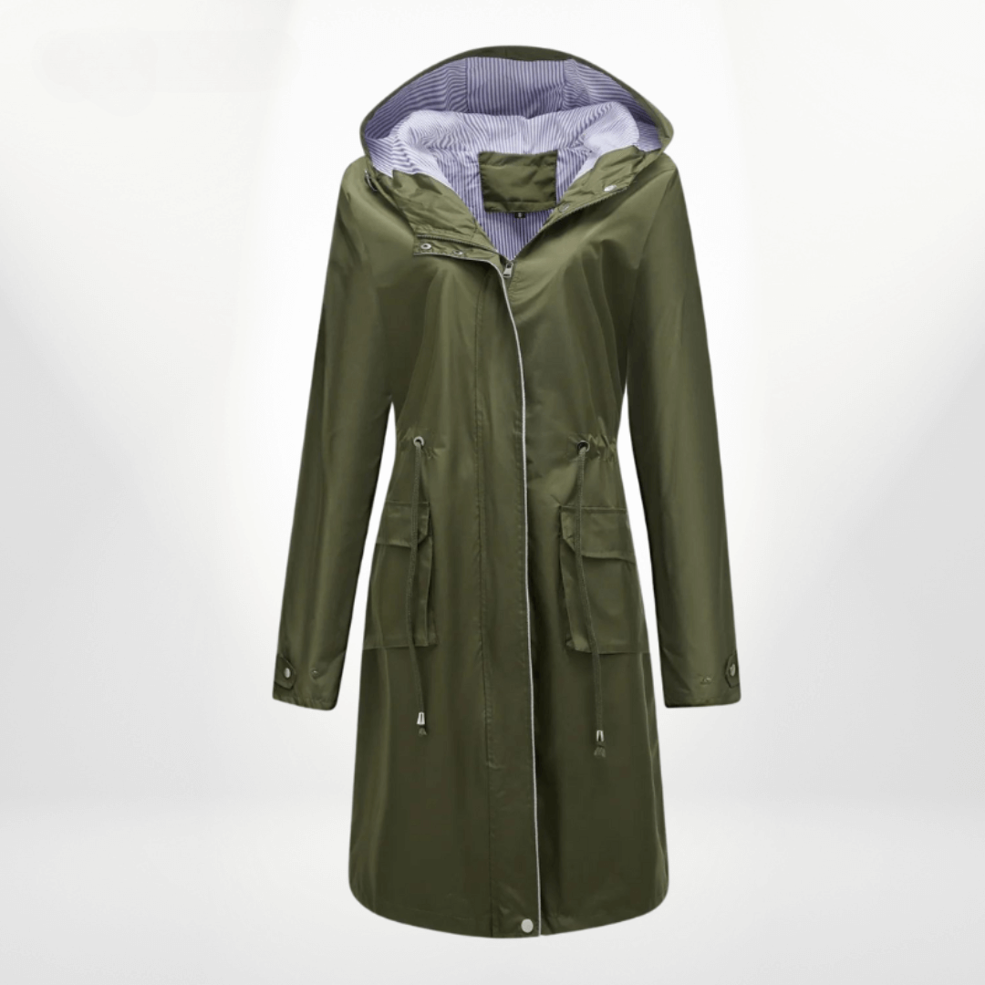 Nalani Women’s Trench Coat – Waterproof Over-Knee – Hooded – Adjustable Waist – Flap Pockets