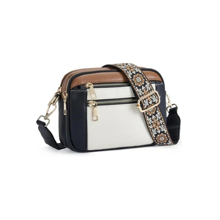 Colorful Straps Crossbody Vegan Leather Bags Beige With Black Brown NALANI
