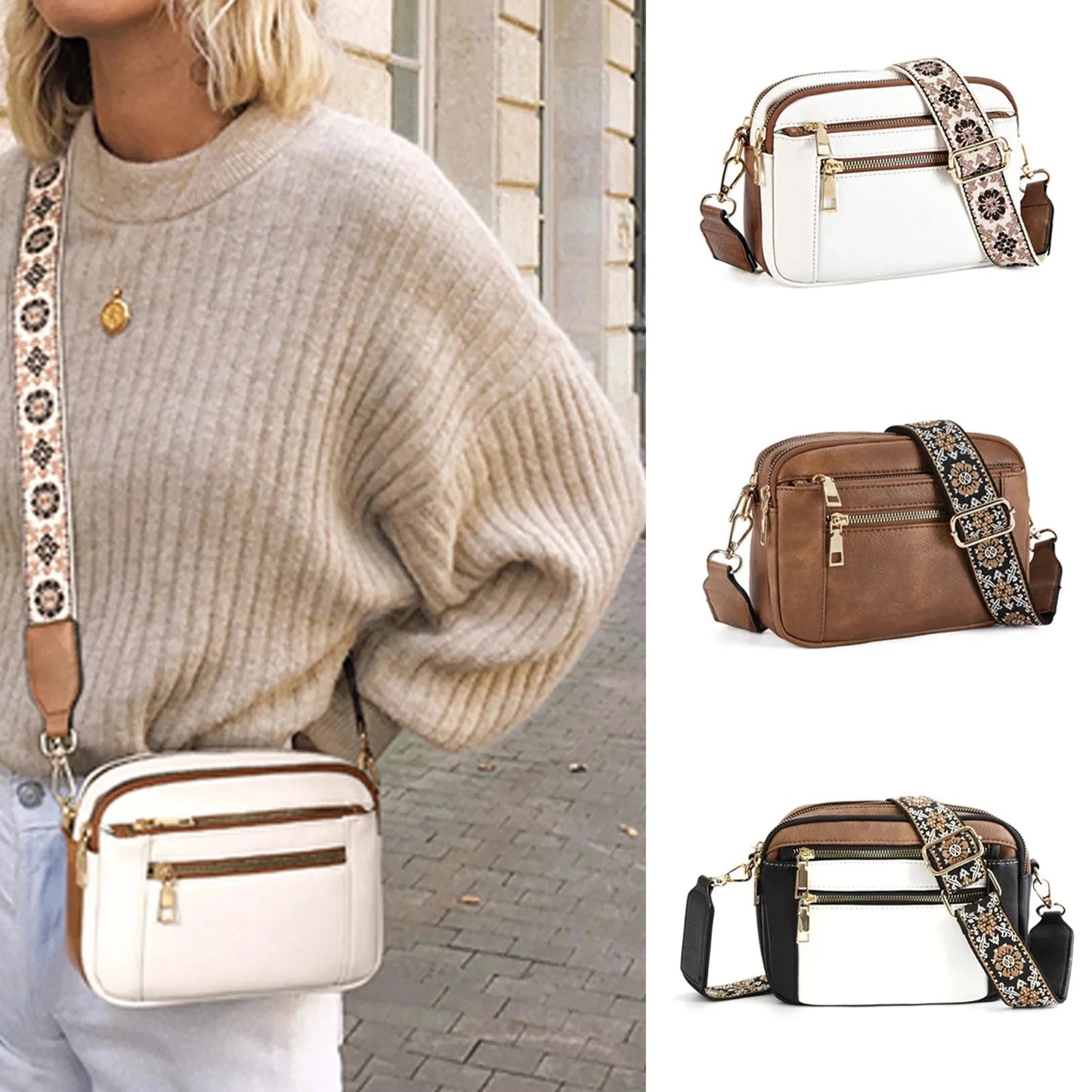 Colorful Straps Crossbody Vegan Leather Bags White NALANI