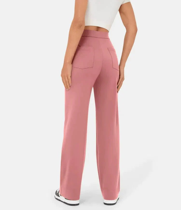 Ovara | Women's Wide-Leg Trousers - High Waist - Button Detail - Relaxed Fit - Full Length