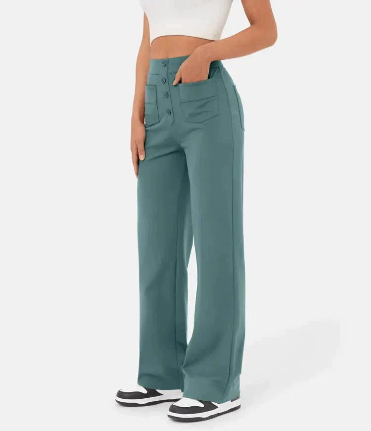 Ovara | Women's Wide-Leg Trousers - High Waist - Button Detail - Relaxed Fit - Full Length