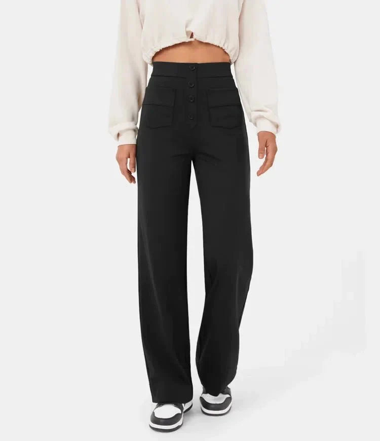 Ovara | Women's Wide-Leg Trousers - High Waist - Button Detail - Relaxed Fit - Full Length